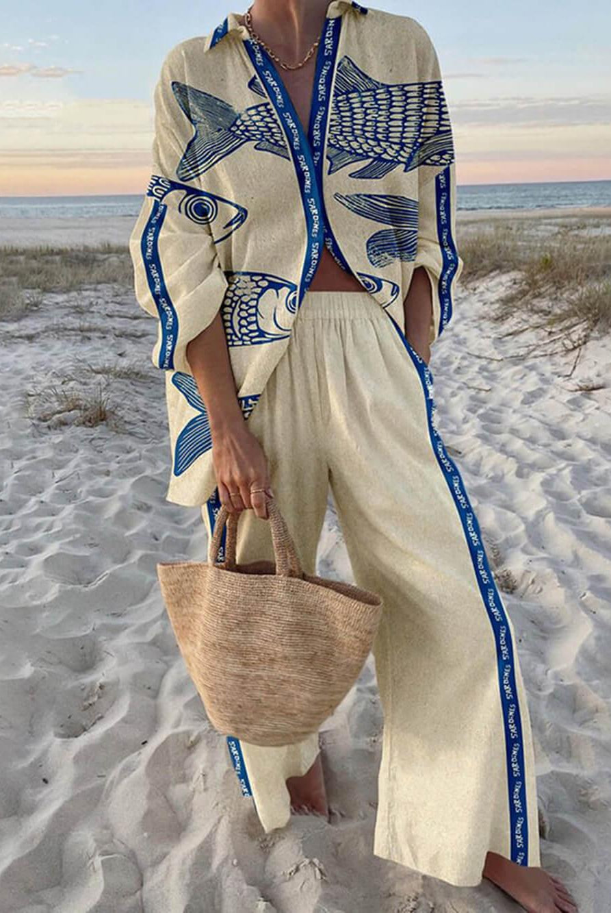 Reed | Island Style Ocean Print Oversized Shirt and Elastic Waist Pocket Pants Set