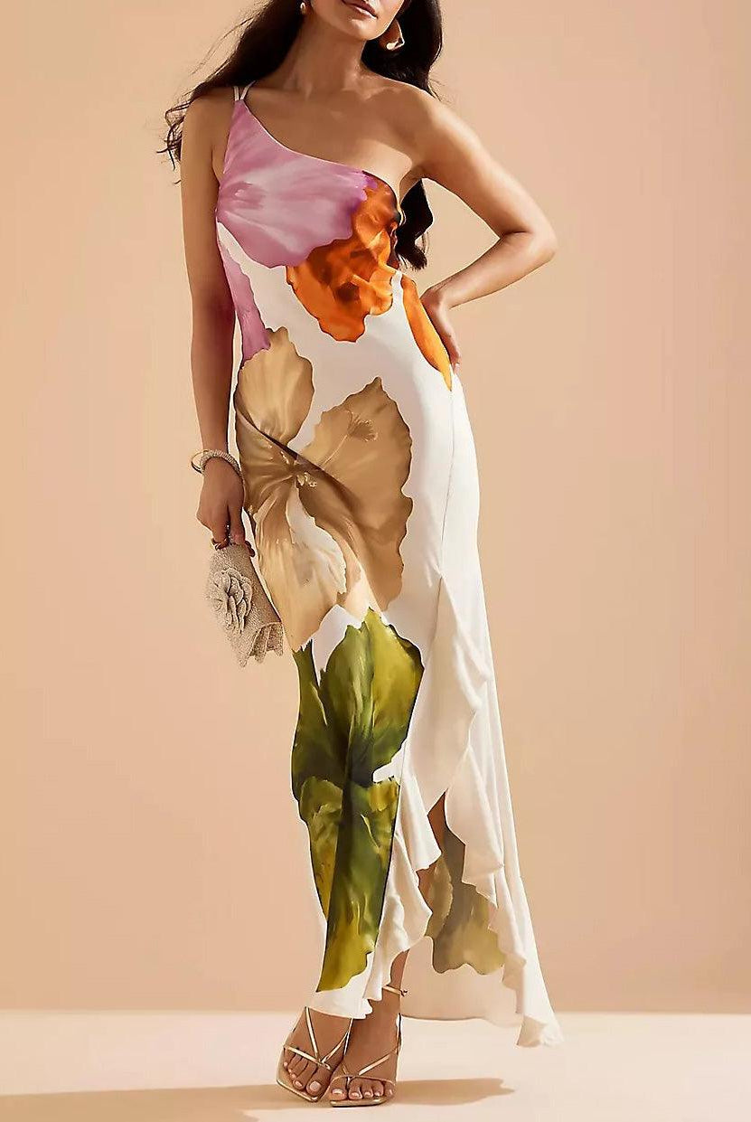 Selena | Resort Vibes Elegant Floral Print One-Shoulder Maxi Dress