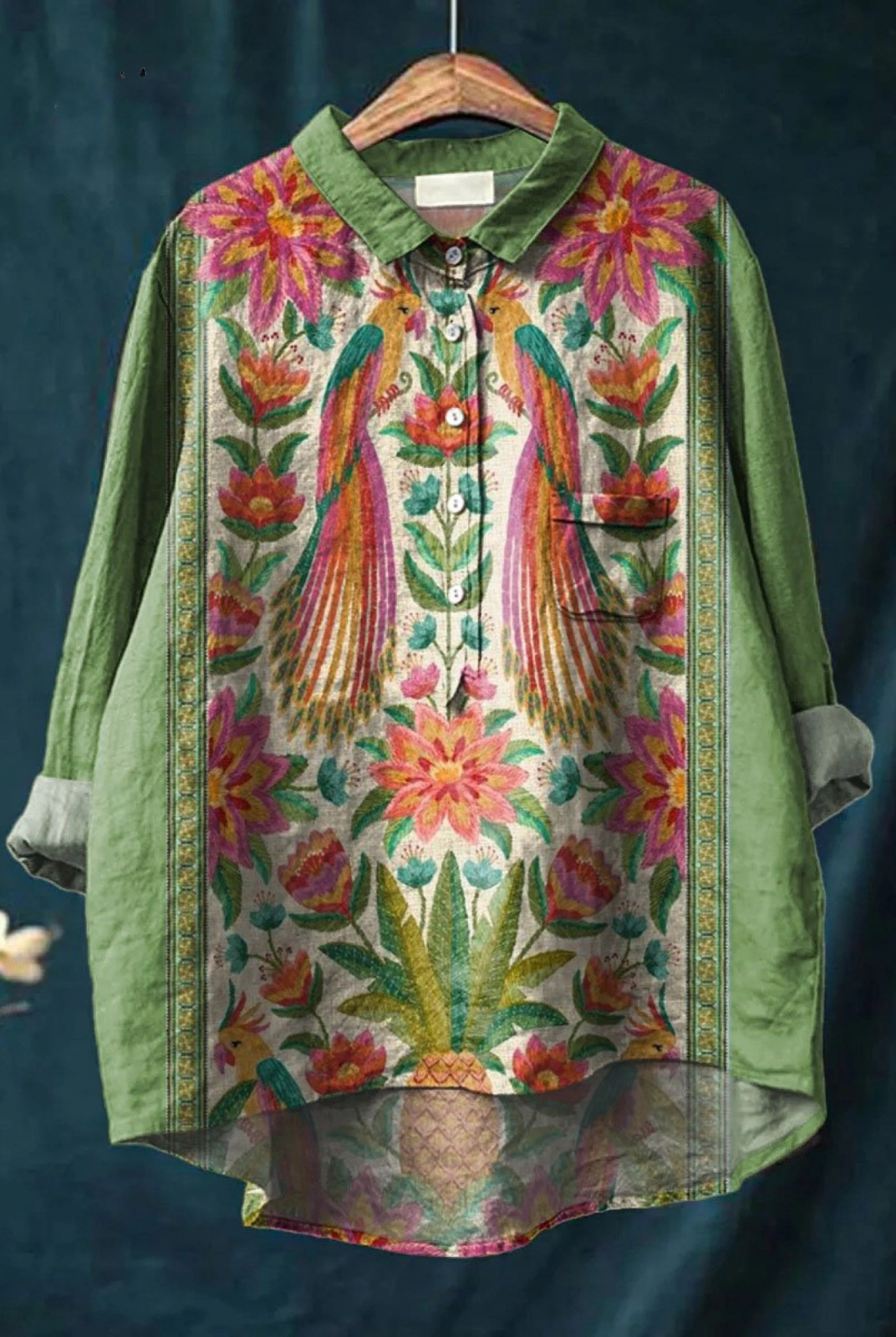 Pomeline | Women's Vintage Lovely Floral Birds Art Print Casual Shirt