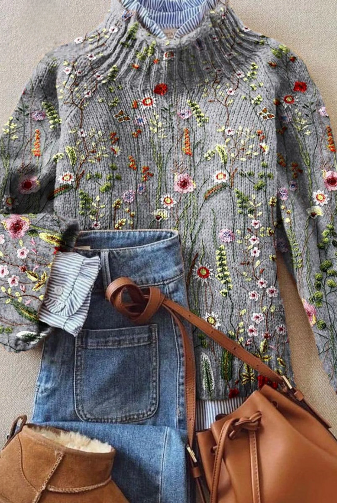 Olena | Vintage Lovely Floral Art Print Knit Turtleneck Pullover Sweater
