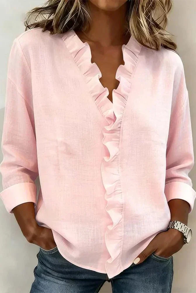 Sanai | Blouse with Ruffles, V-Neck and Long Sleeves