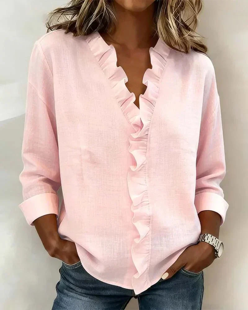 Sanai | Blouse with Ruffles, V-Neck and Long Sleeves