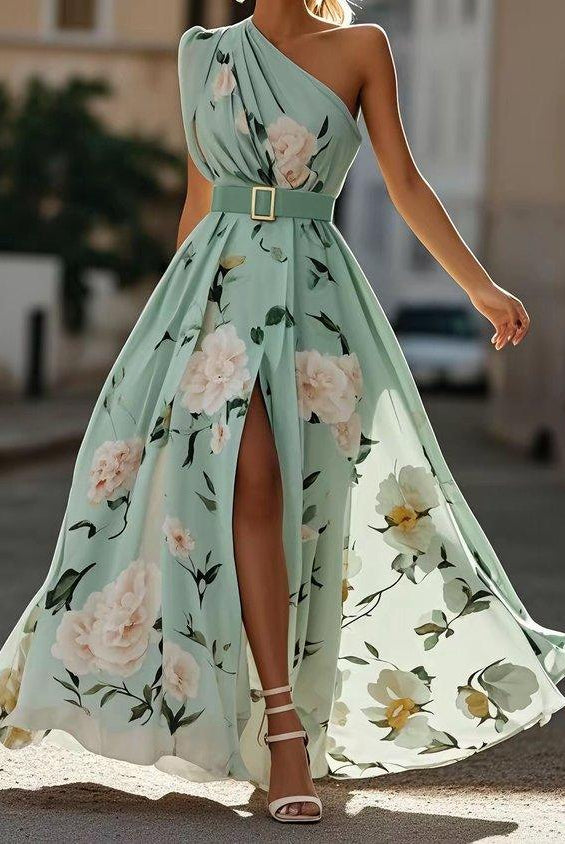 Lyla | Light Green Floral Chiffon One-Shoulder Maxi Dress