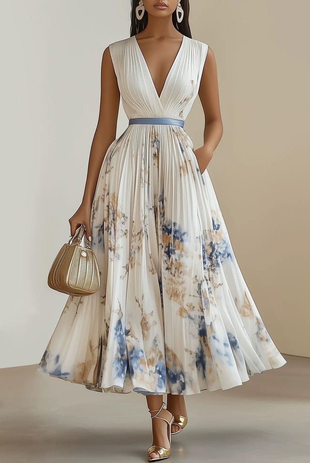 Leanna | White Floral Chiffon V-Neck Pleated Midi Dress