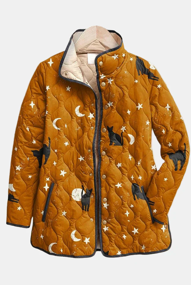 Kristina | Casual Black Cat Halloween Print Quilted Jacket