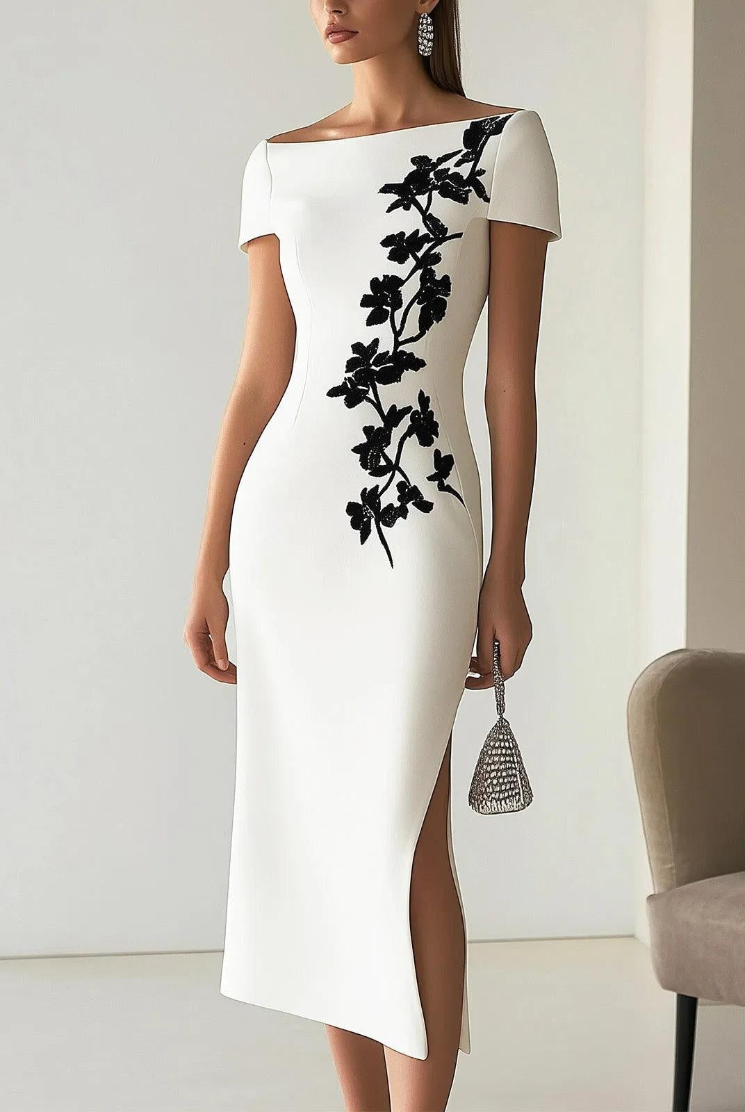 Natasha | Chic Floral Print Boat Neck Midi Dress Outfit
