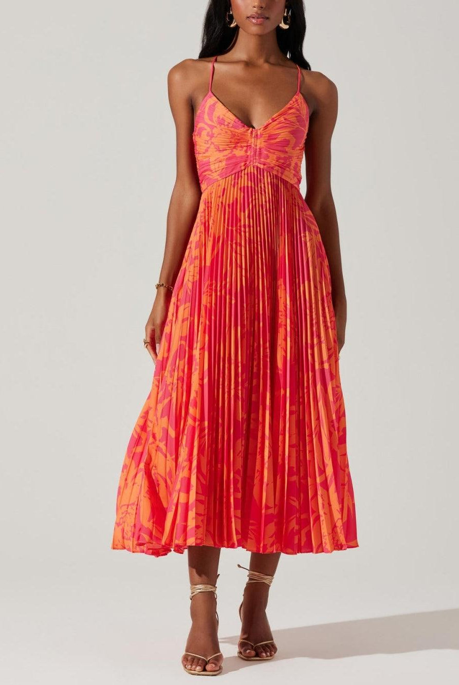 Salem | Coastal Chic Elegant Floral Print Pleats Midi Dress Collection