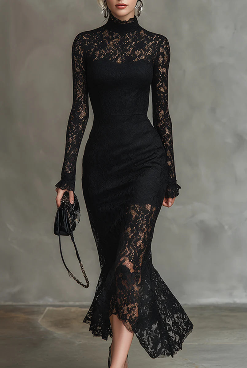 Vicky | Elegant Black Stretchy Lace Fishtail Maxi Dress