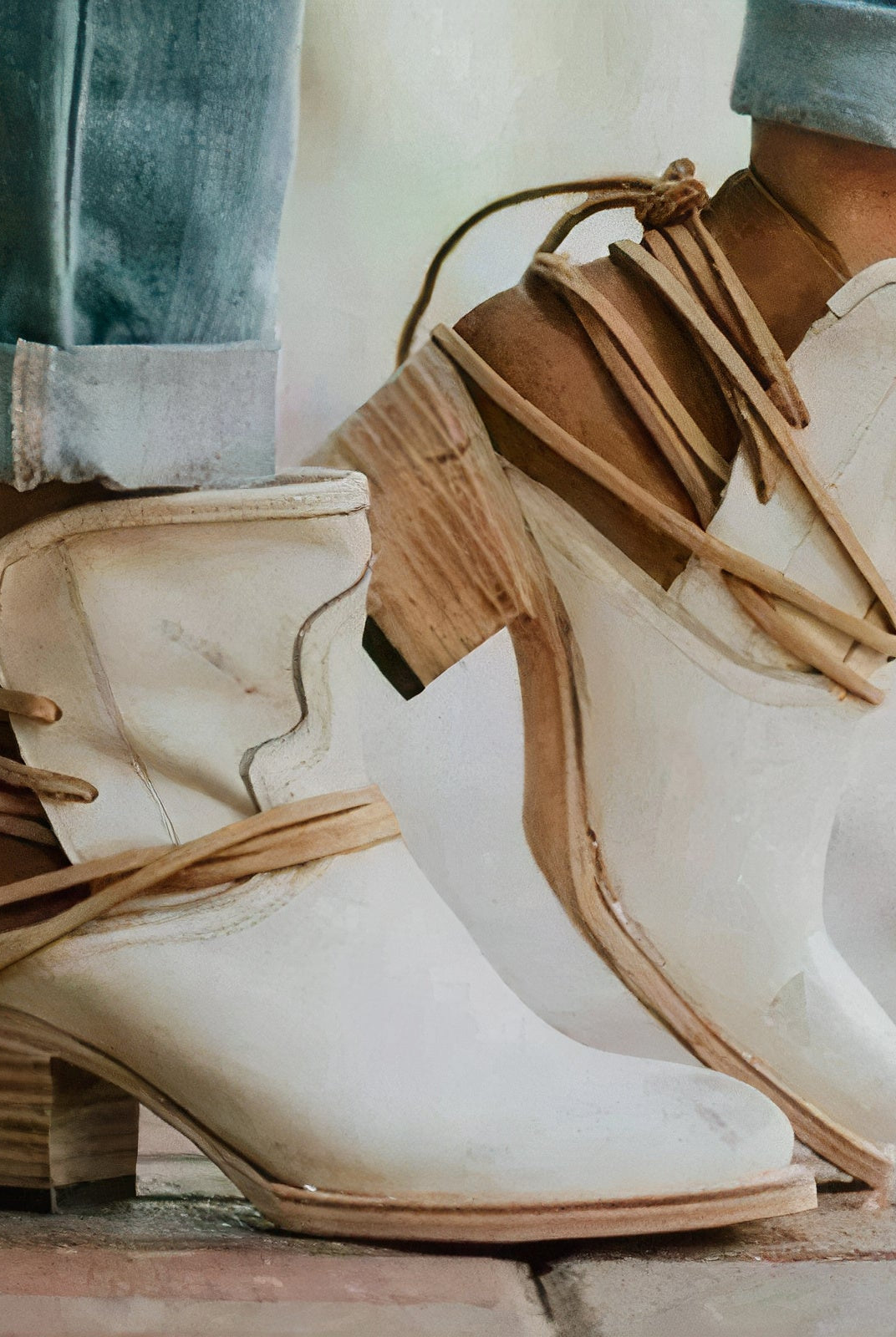 Milana | Ankle Boots – Leather – Western Style – Block Heel – Wrapped Lacing Detail
