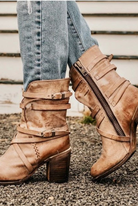 Makenzy | Leather Ankle Boots - Slouchy Distressed Design - Buckle Straps - Block Heel