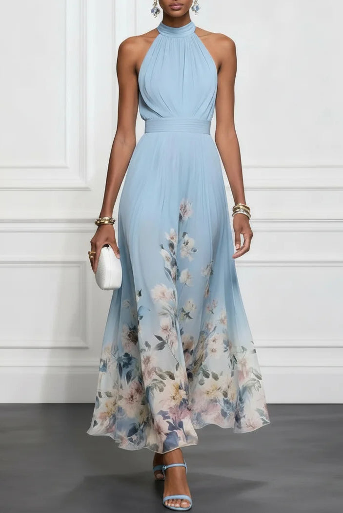 Penelope | Blue Floral Chiffon Halter Maxi Dress
