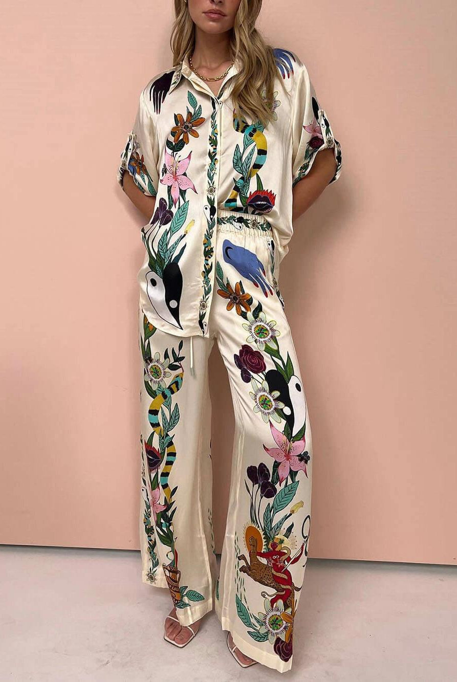 Starla | Resort Vibes Satin Unique Print Shirt & Trousers Set Fit