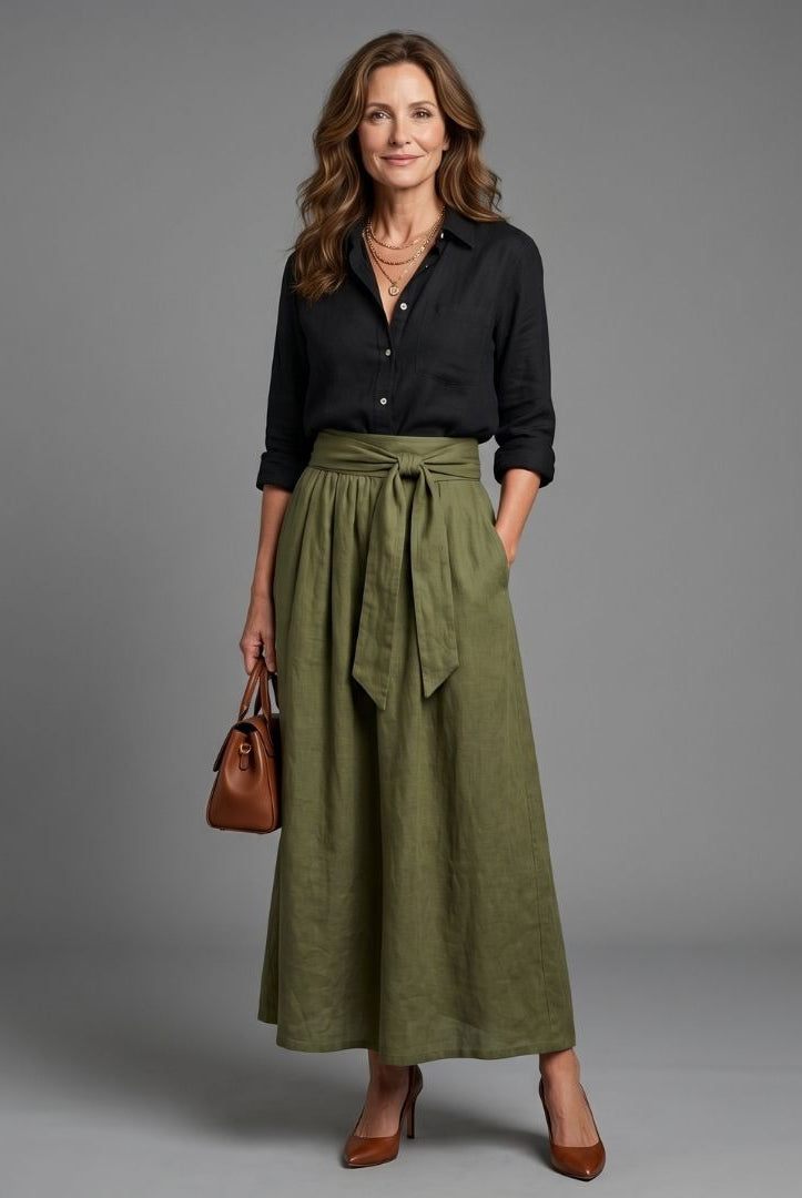 Greer | Two Piece Set Black Blouse Olive Green Midi Skirt
