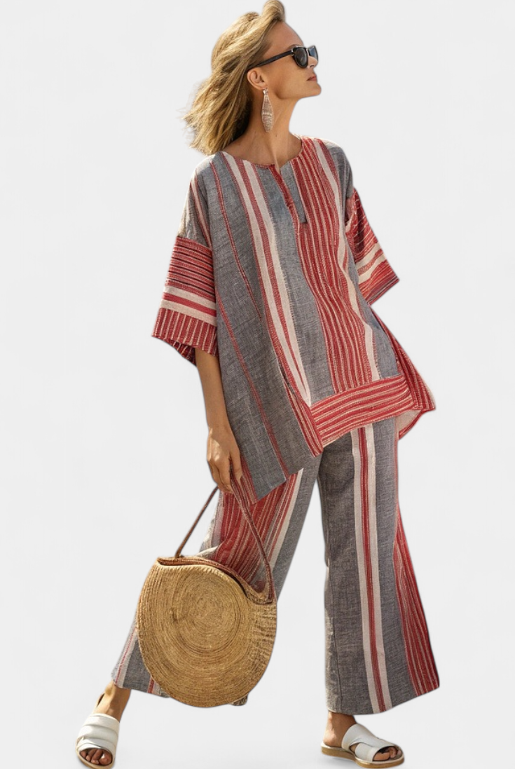 Kit | Elegant Coral-Gray Linen Top & Wide-Leg Pants
