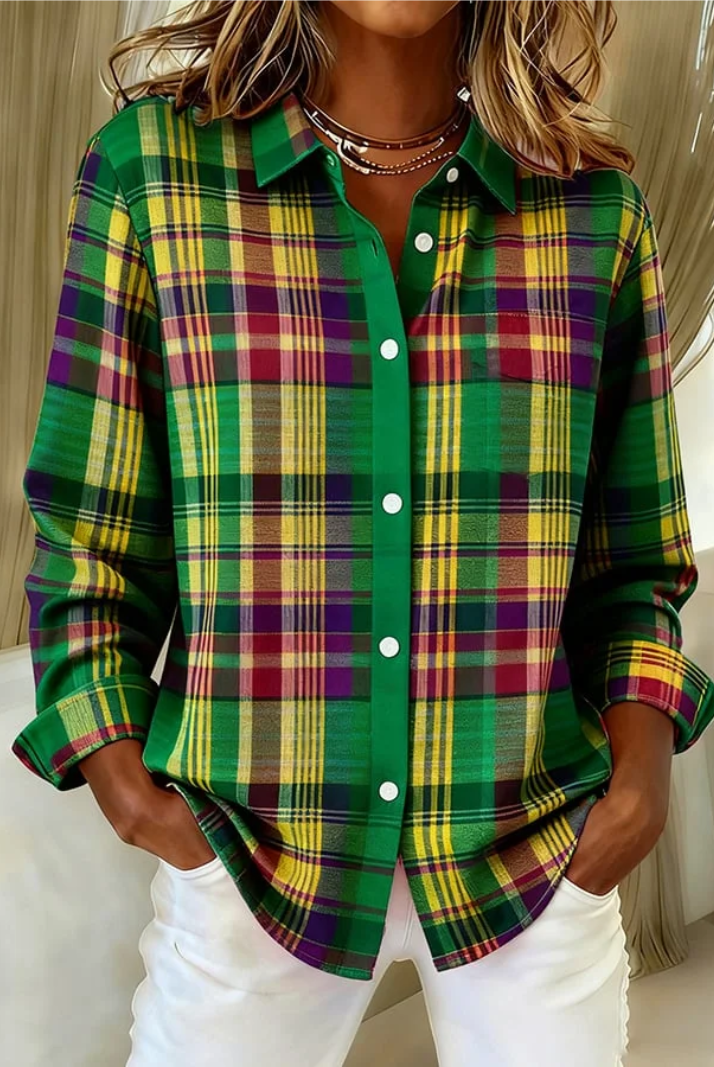 Karina | Checked Hoodie Blouse in Vivid Green Tones