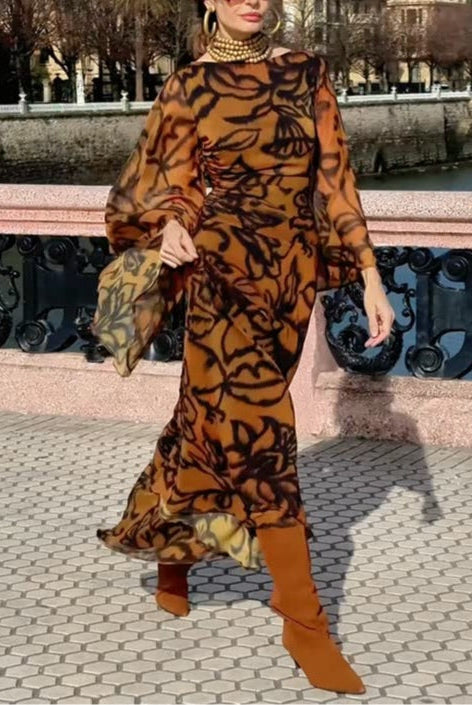 Noemi | Beach Glam Brown Long Printed Dress