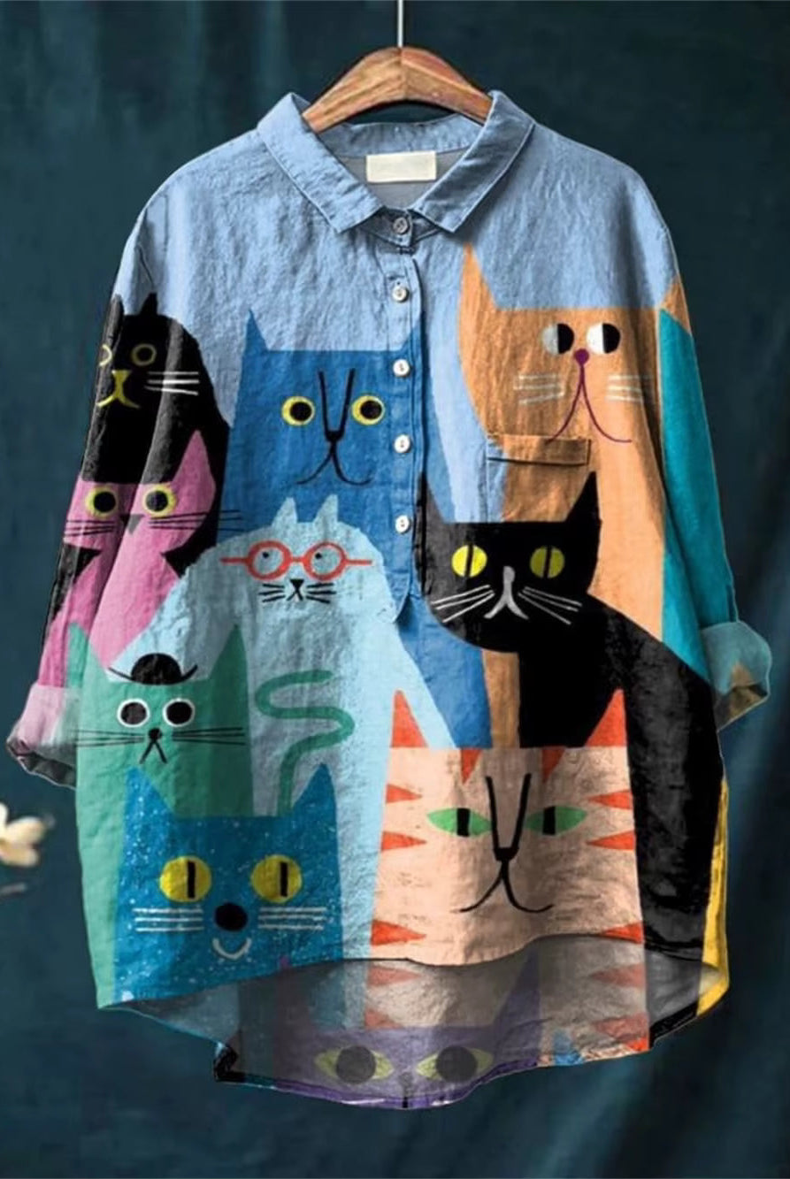 Cassidy | Artistic Cat & Dog Print Women's Casual Blouse
