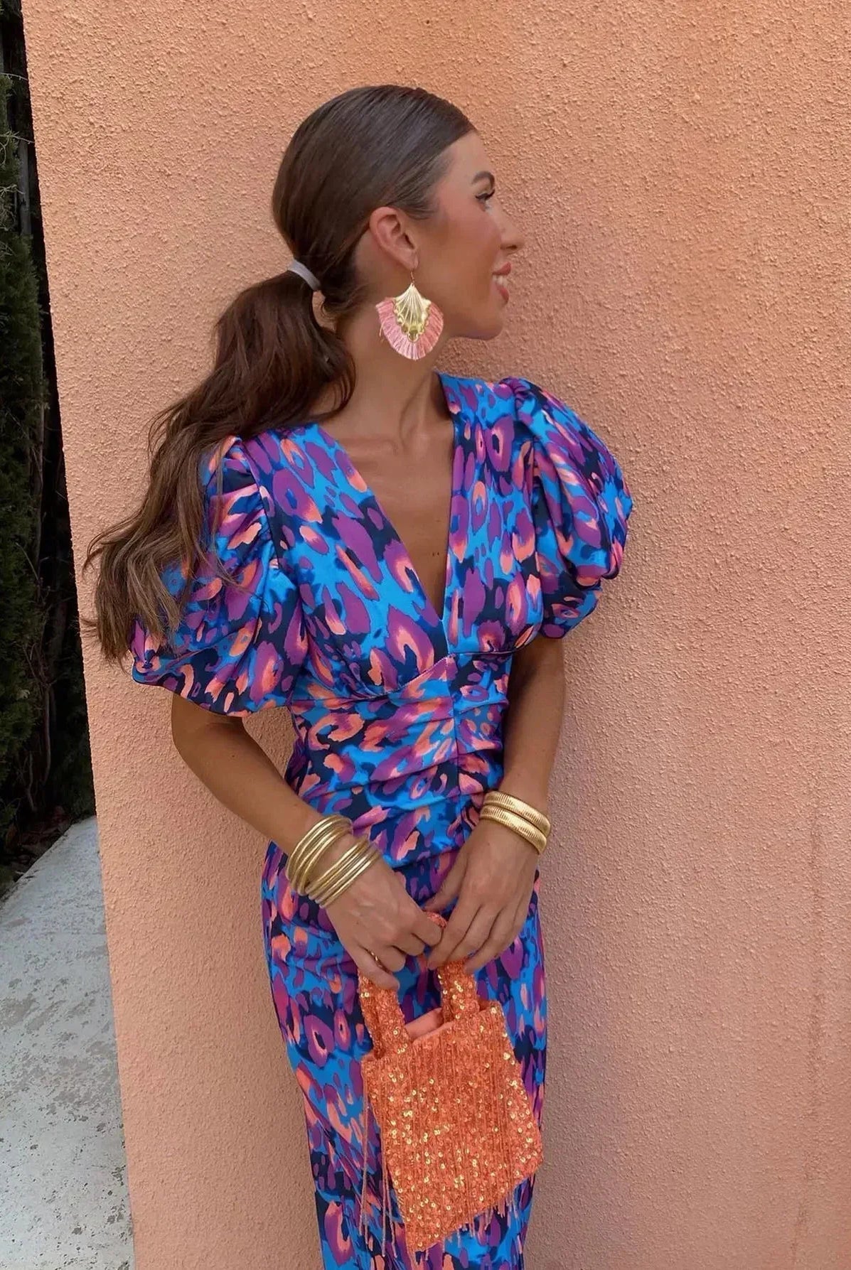 Lateefah | Vibrant Midi Dress with Puff Sleeves