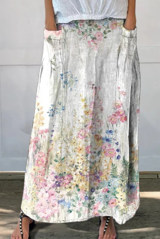 Noa | Vintage Botanical Floral Linen Elastic Waistband Pocket Skirt