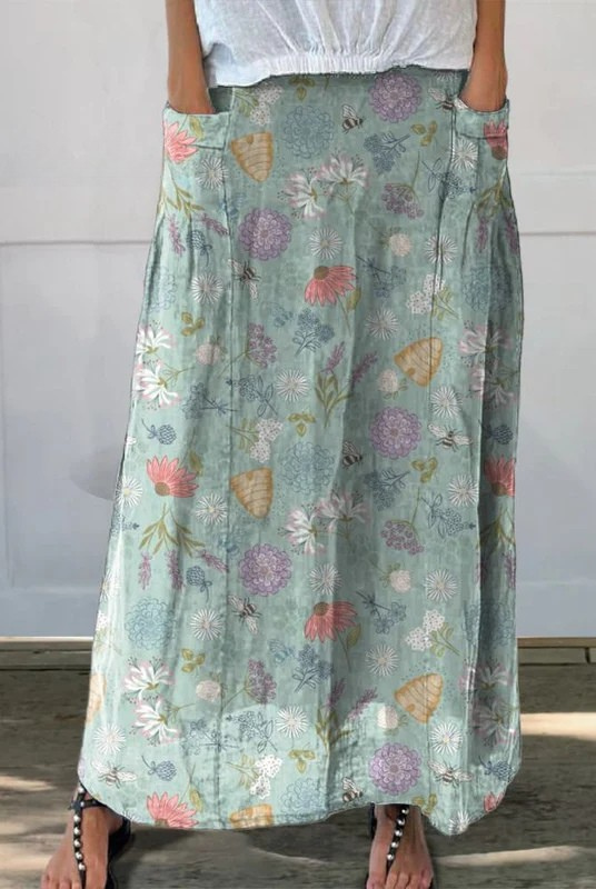 Dianne | Spring Floral and Bumble Bee Pattern Printed Women's Linen Pocket Skirt