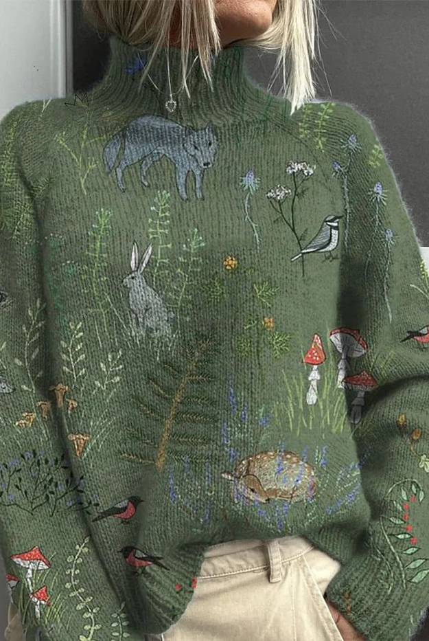 Mirielle | Animal Pattern Printed Knit Turtleneck Pullover Sweater