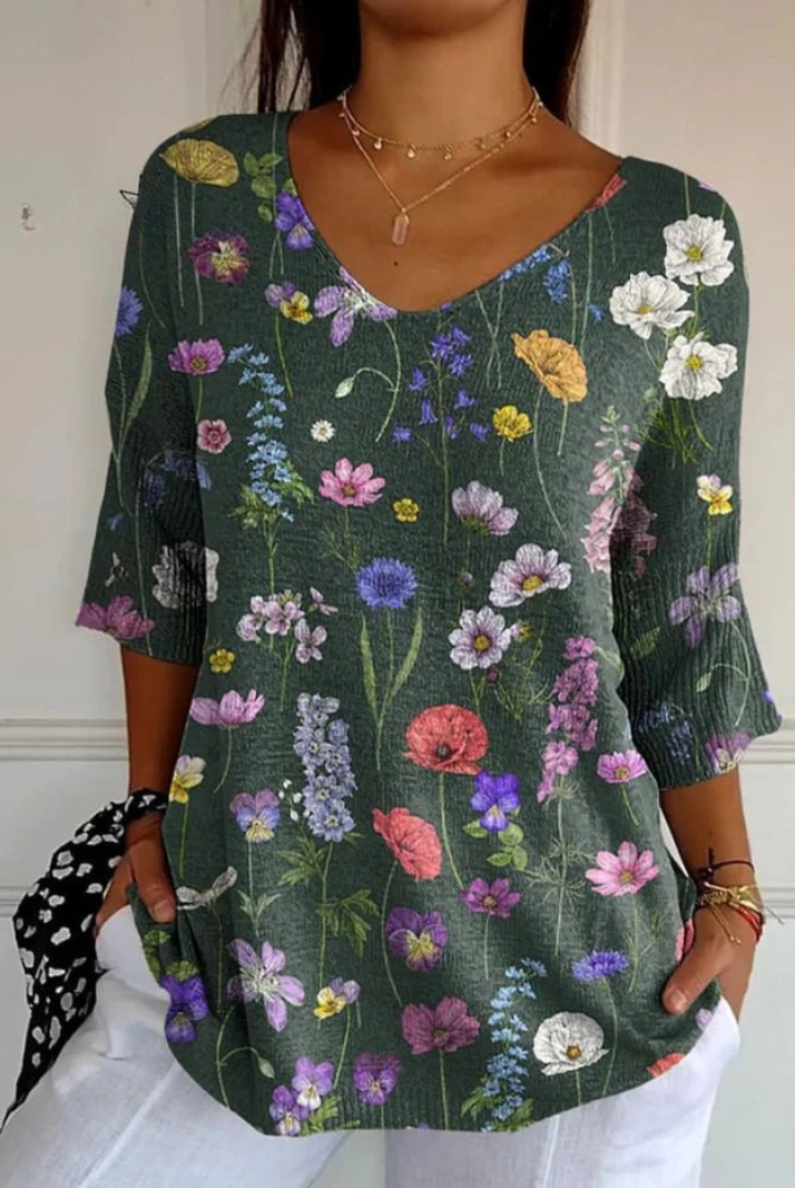 Simone | Vibrant Spring Botanical Garden Pattern Printed Women's Casual Pullover Knit