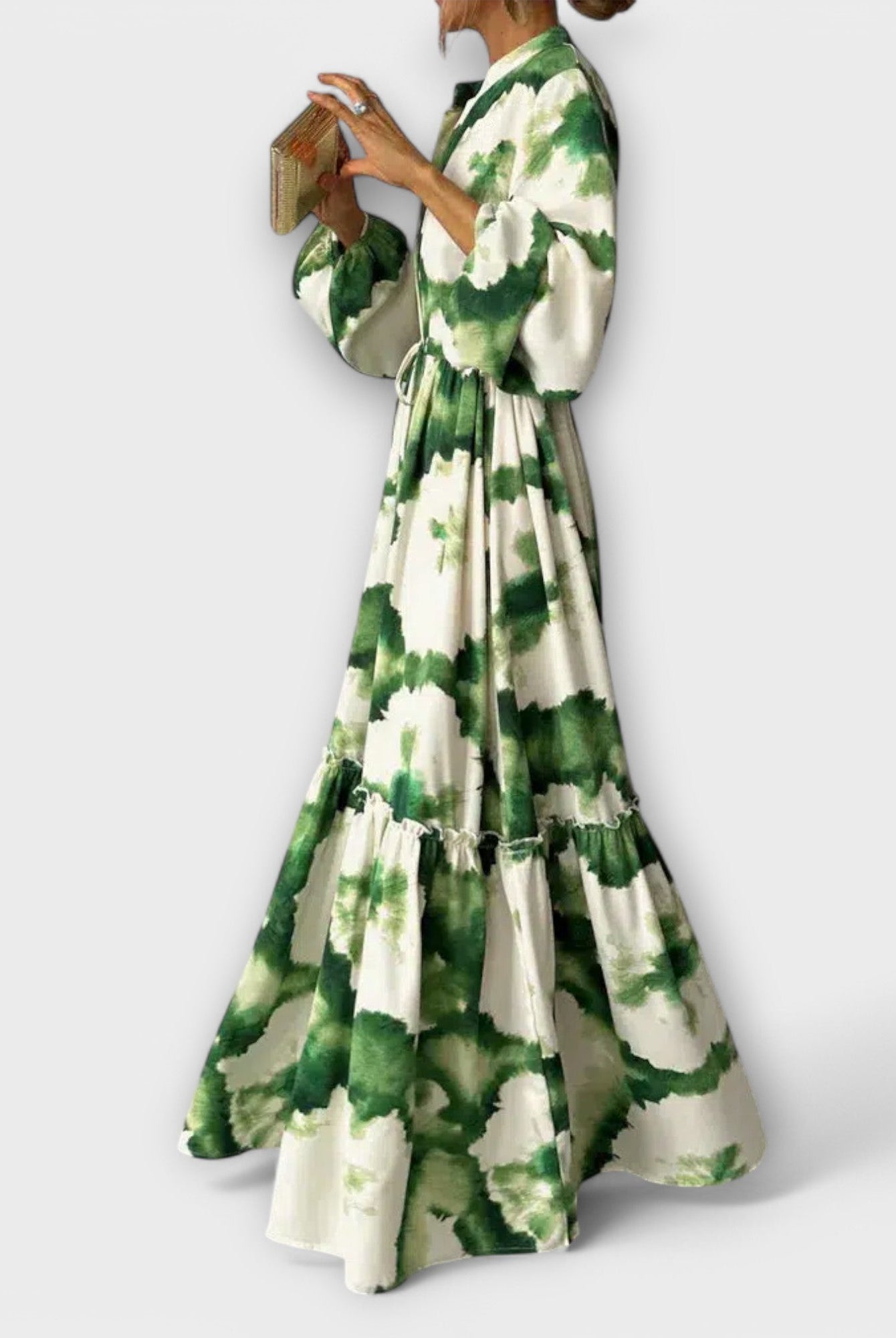 Mabella | Green Maxi Dress with Long Sleeves and V-Neck