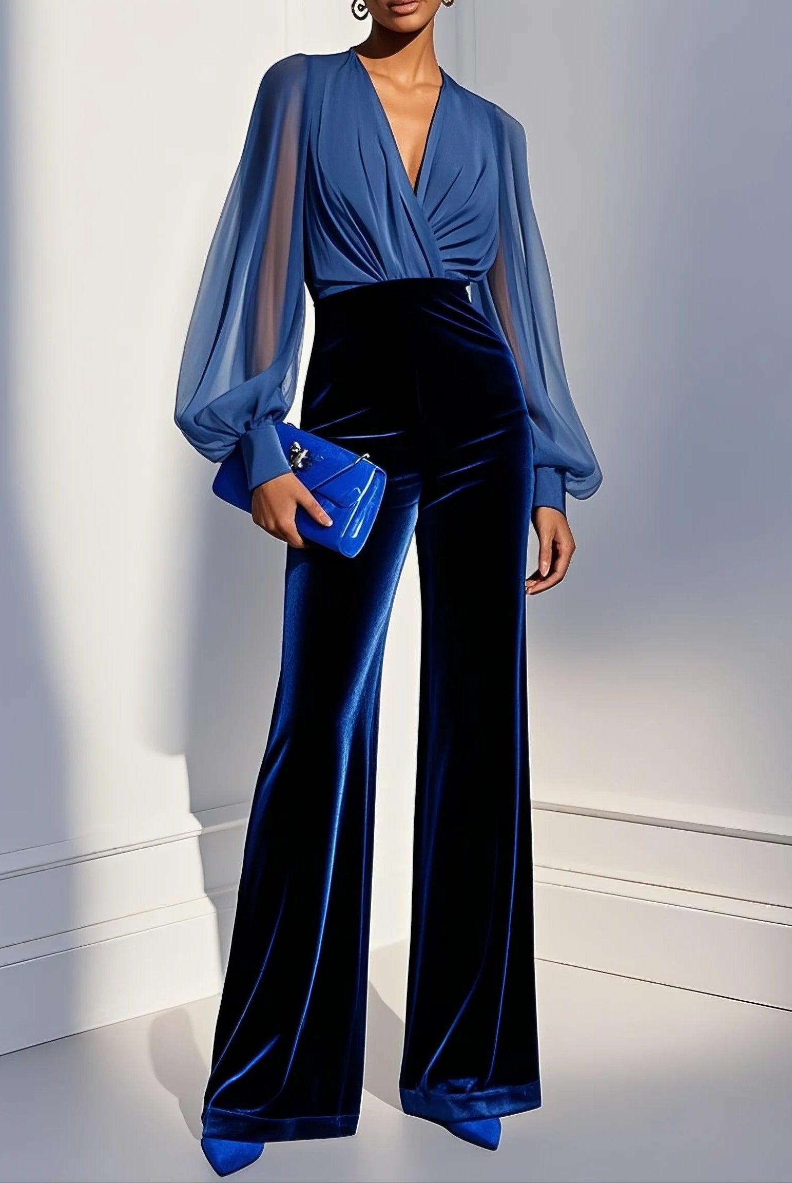 Drew | Blue Mesh V-Neck Long Sleeve Velvet Jumpsuit