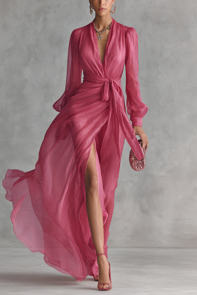 Mosi | Elegant Chiffon V-Neck Tie-Waist Long Dress