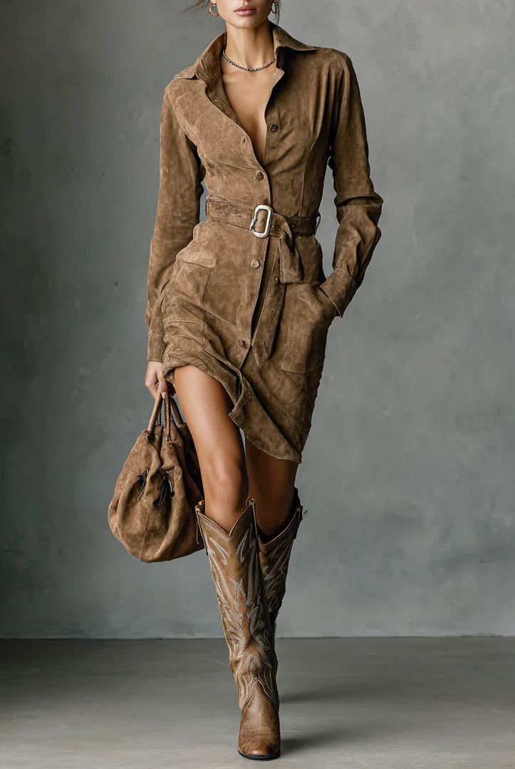 Wrenley | Suede Belted Shirt Dress