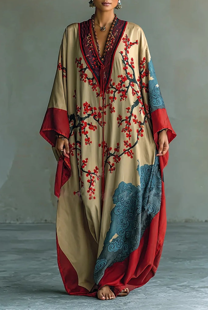 Blake | Red Plum Blossom Maxi Dress with Batwing Sleeves and Print