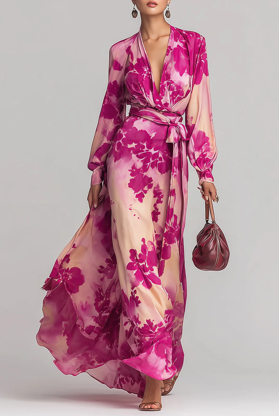 Julissa | Rose Floral V-Neck Belted Maxi Dress