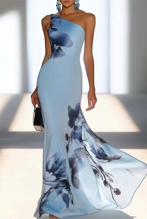 Briana | Satin Ink Print Off-Shoulder Maxi Dress