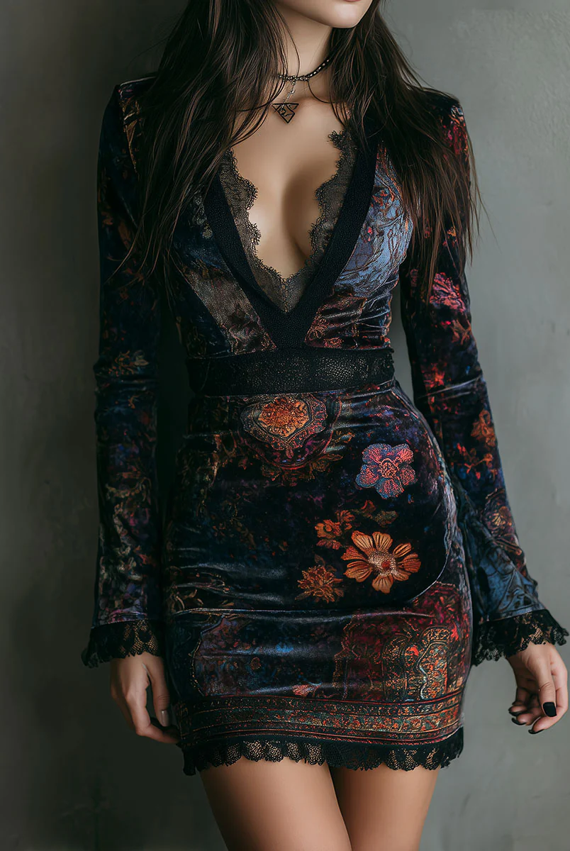 Emiline | Floral Print V-Neck Velvet Lace Trim Slim-Fit Mini Dress