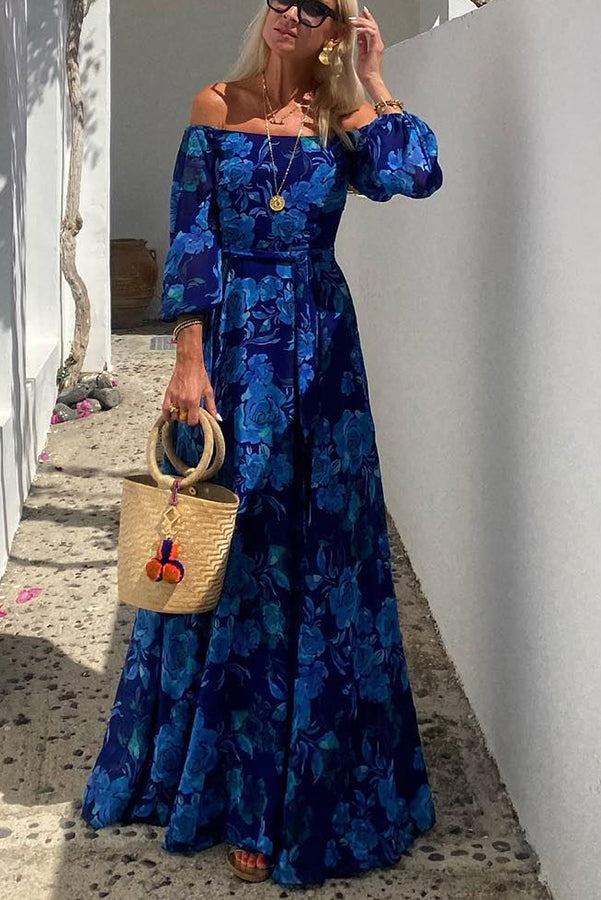 Carolina | Long Dress with Floral Print and Off-the-Shoulder Sleeves