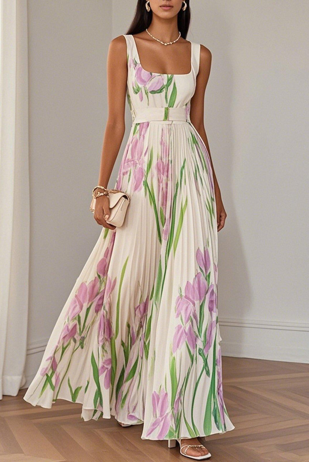 Daisy | White Pleated Floral Chiffon Maxi Dress