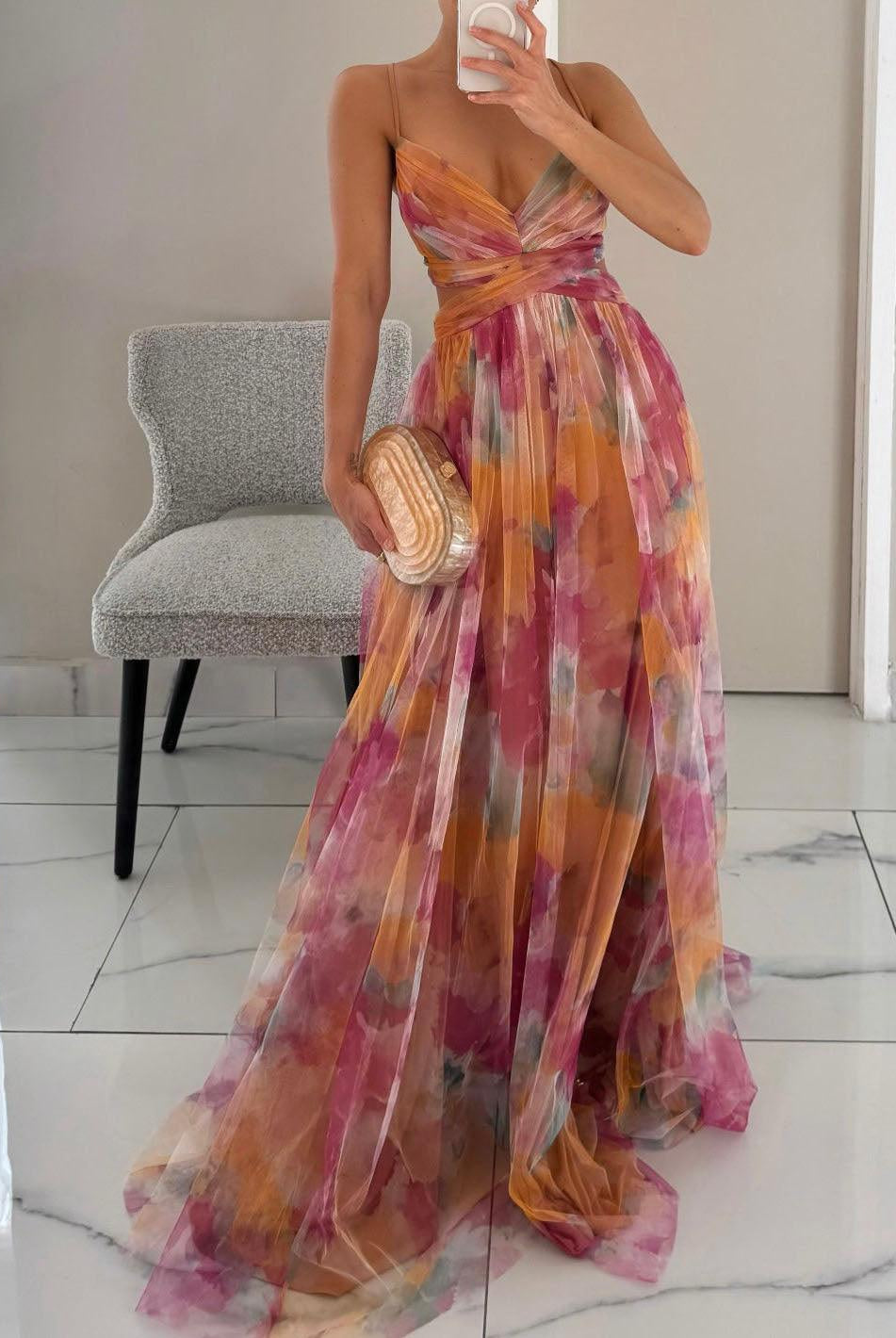 Sydnee | Painted Floral Print V-Neck Maxi Dress