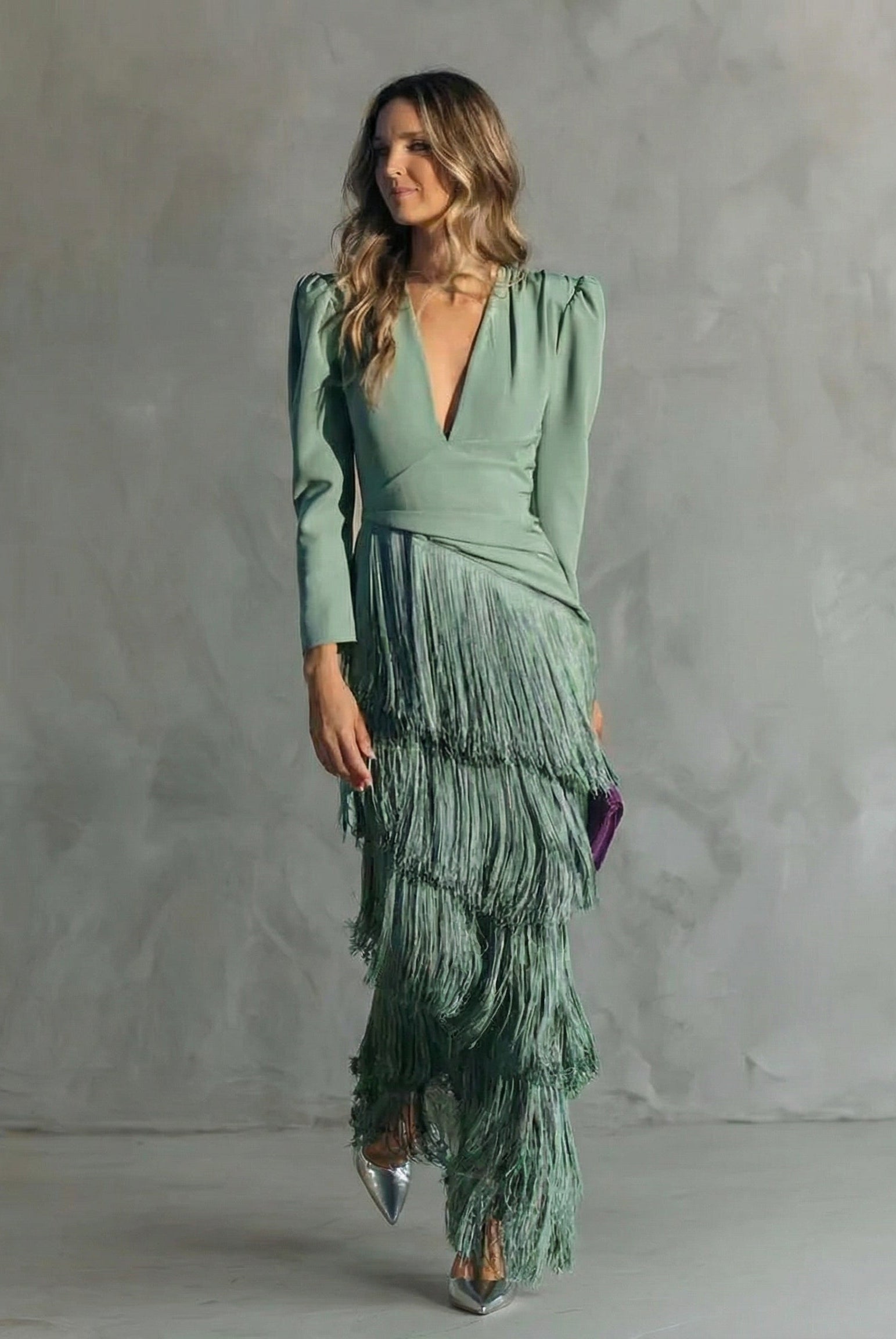 Adley | Elegant Midi Dress with Fringe Sleeves