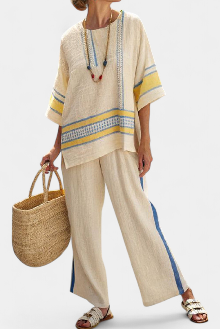 Paisleigh | Comfortable Blue-Yellow Mediterranean Top & Linen Pants