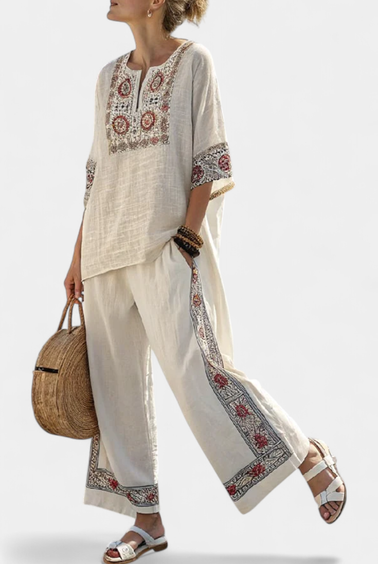 Emiliana | Sophisticated Embroidered Raw Blouse & Wide Pants