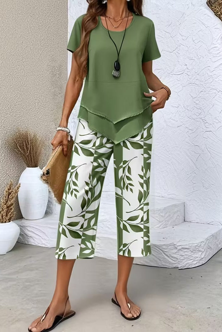 Christen | Casual Leaf Print Two-Piece Set