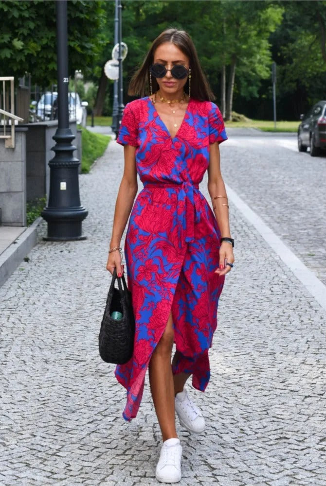 Miriam | Sunset Stroll V-Neck Slit Print Dress