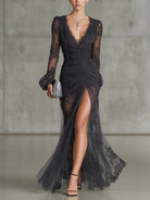 Ambrosia | Dark Grey Lace Ruched Maxi Dress