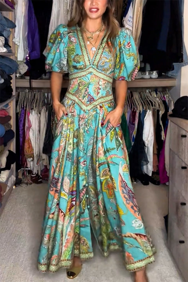 Lea | Airy Maxi Dress with Puff Sleeves and V-Neck