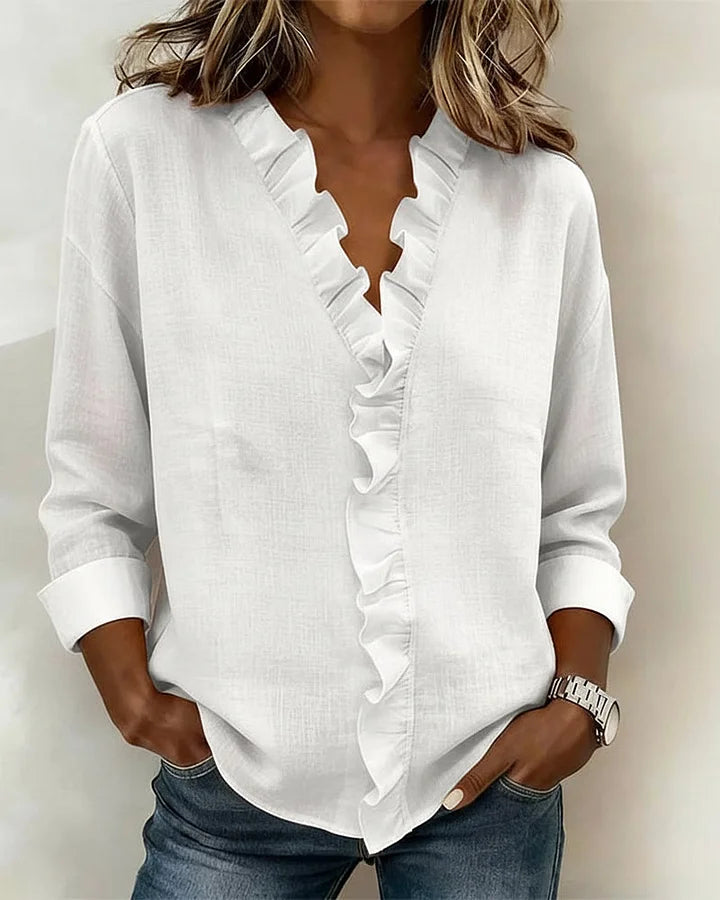 Zafira | Blouse with Ruffles, V-Neck and Long Sleeves