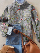 Olena | Vintage Lovely Floral Art Print Knit Turtleneck Pullover Sweater