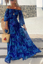 Romina | Long Dress with Floral Pattern and Off-the-Shoulder Sleeves