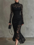 Vicky | Elegant Black Stretchy Lace Fishtail Maxi Dress