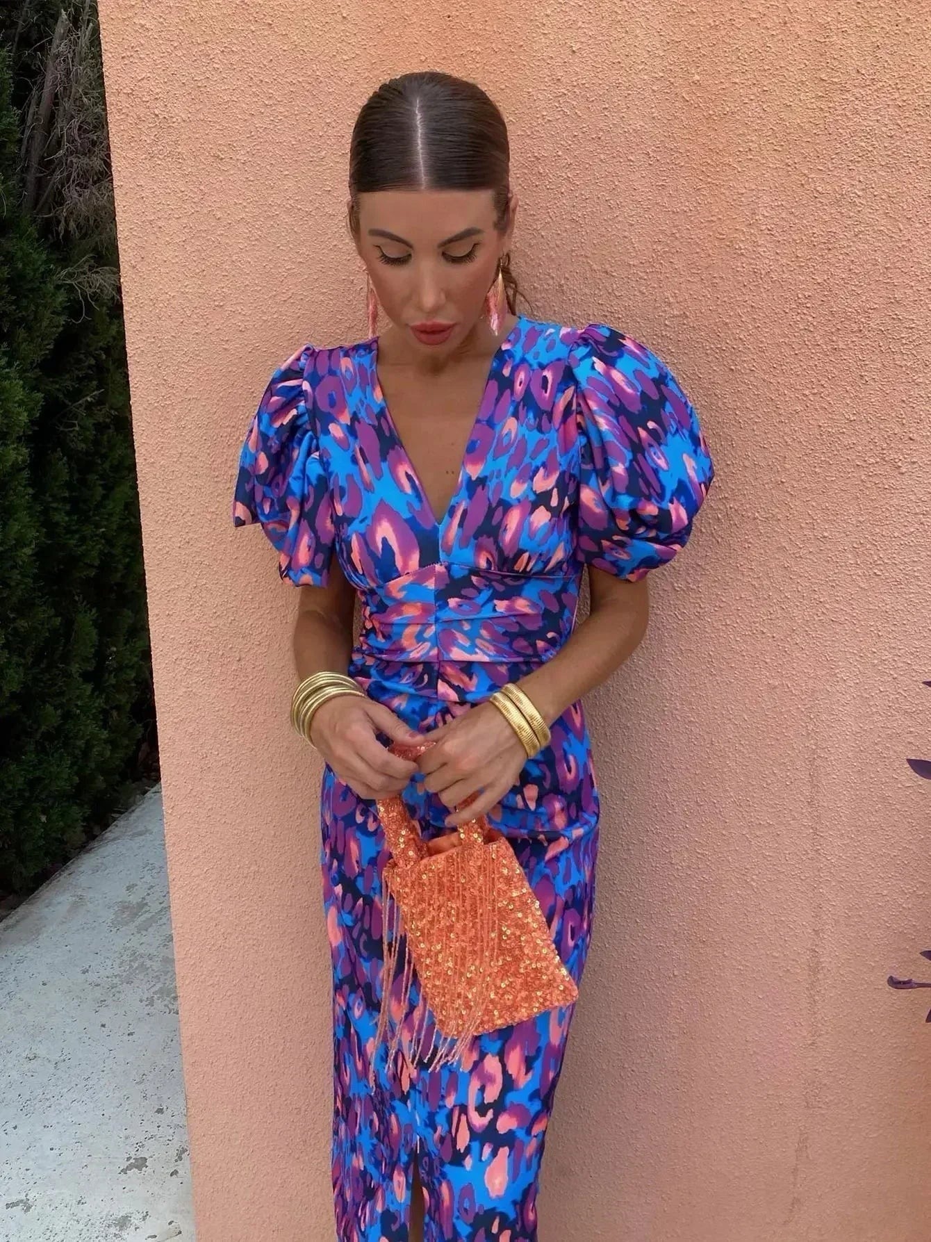 Nyla | Vibrant Midi Dress with Puff Sleeves