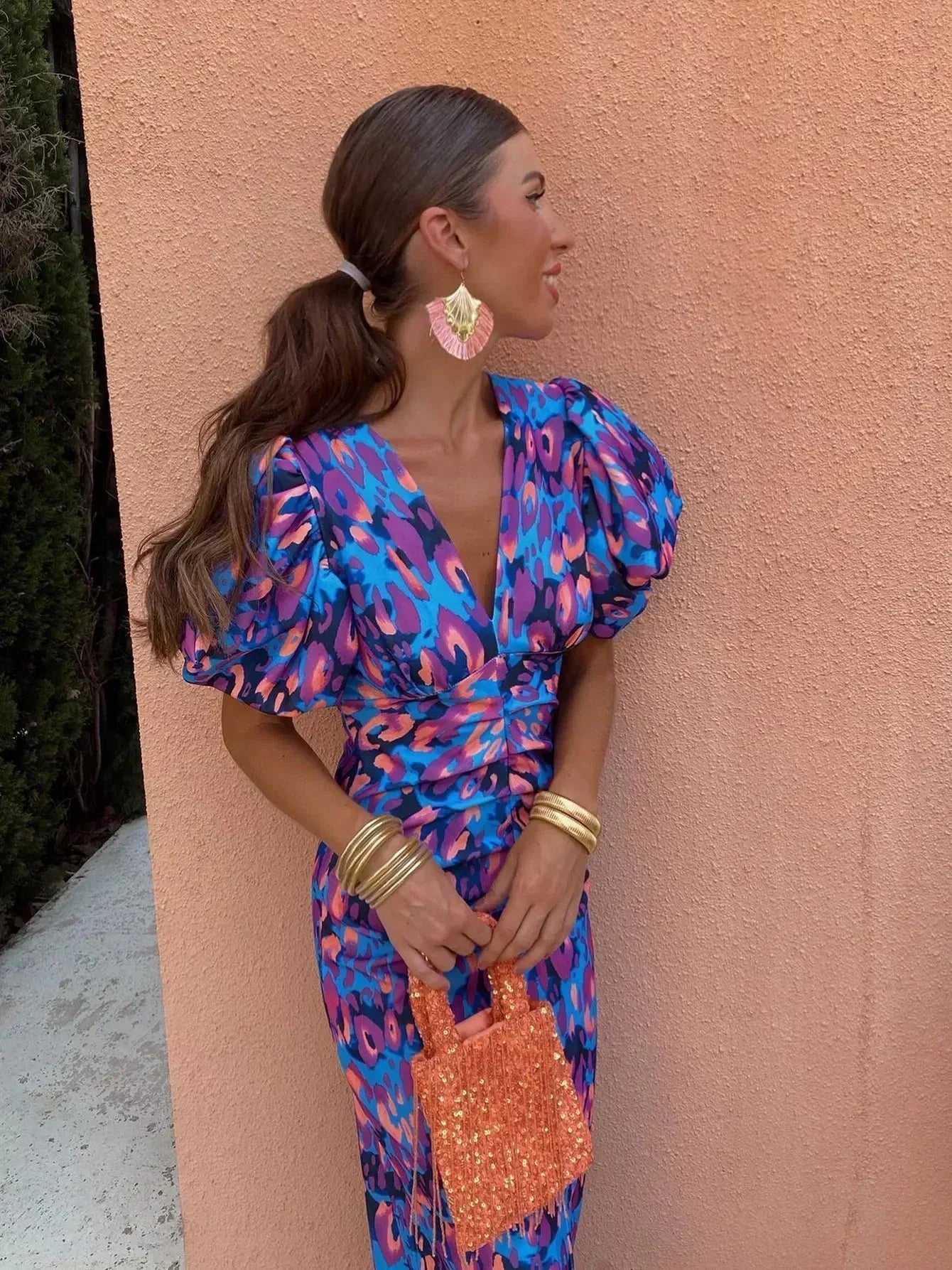Elisha | Vibrant Midi Dress with Puff Sleeves